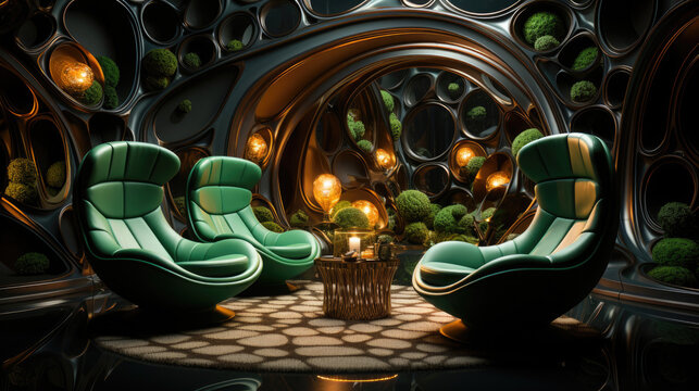 Two Green Leather Chairs In The Style Of Futuristic, Background Image, Hd