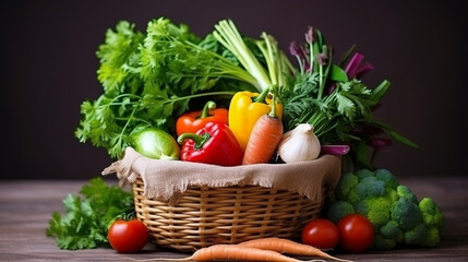 basket of very fresh vegetables,planting with own hands, vegetarian, healthy salad, sparkling bokeh background.