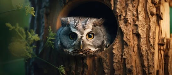 Foto op Canvas The Eurasian scops owl also known as the Otus scops constructed a nest within a man made nesting box situated in the backyard garden facilitating its mating process during the breeding seaso © 2rogan