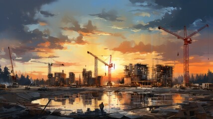 Illustration of a large construction site in a city - obrazy, fototapety, plakaty