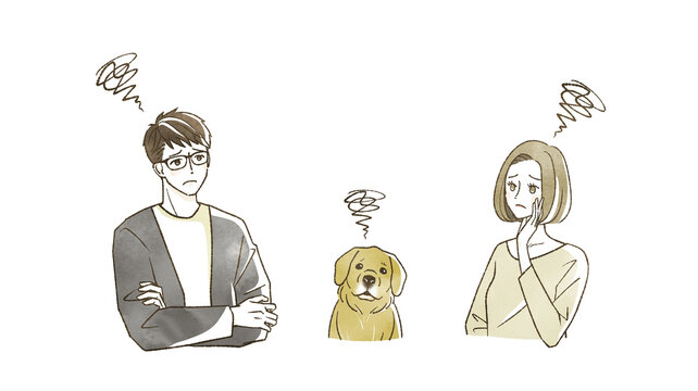 困っている男女と犬