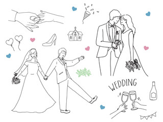 白黒、モノトーン、線画のイラスト(結婚式、カップル、夫婦、招待状、ウェルカムボード、指輪、新生活、幸せ) Illustrations of black and white, monotone, and line drawings.Weddings, couples, invitations, rings, happiness.