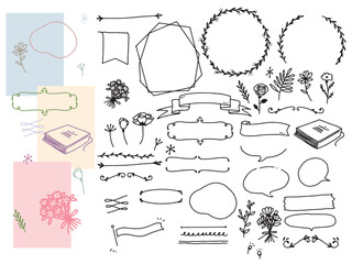 白黒、モノトーン、線画のイラスト(手書き、オシャレ、ファッション、花、フレーム、装飾) 