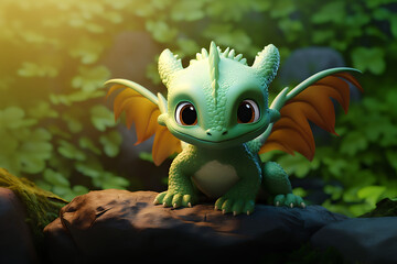 Super cute green little baby dragon with big eyes. Fantasy monster with smile. Small Funny Cartoon character. Fairytale animal. Green grass background. Illustration for children. Ai