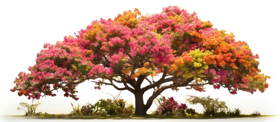 The tree offers a lovely viewpoint of the flower garden on the farm