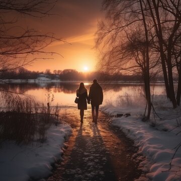 Generative AI image of a happy couple walking in a park in the winter vibe sunset Time