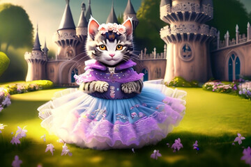 Fantasy image of a cat wearing a pink tutu with a castle in the background