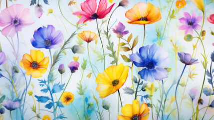 Vibrant Wildflowers Watercolor Seamless Pattern , Background Image, Hd