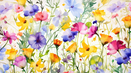 Fototapeta na wymiar Vibrant Wildflowers Watercolor Seamless Pattern , Background Image, Hd