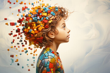 ADHD, attention deficit hyperactivity disorder, autism, mental health, head of a child with colorful jigsaw or puzzle pieces - obrazy, fototapety, plakaty
