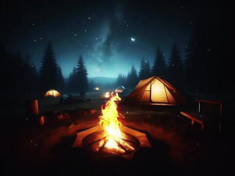 A bon fire in front of tents in the forest camping ground, night view, moon and stars at the sky, loop animation.