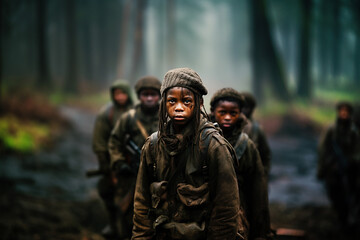 Fototapeta na wymiar Child soldier, black african boy with dreadlocks in a group with other children, military army clothes and guns 