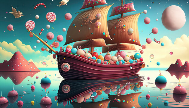 Illustration of a cartoon pirate ship with a lot of colorful candies