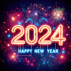 Happy new year 2024 neon text with fireworks.