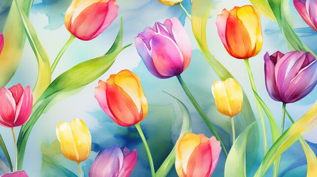 Whimsical Tulips Watercolor Seamless Pattern Playful, Background Image, Hd
