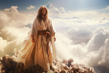 Resurrection of Jesus Christ in heaven surrounded by light, bible story, religion and faith of christianity