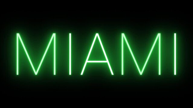 Flickering neon green glowing miami sign animated black background.