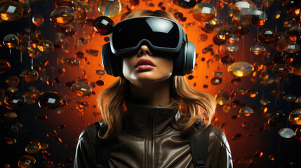 Fototapeta na wymiar Woman Wearing Virtual Reality Goggles Standing, Background Image, Hd