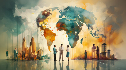 Meeting of people, planet earth with world map, brainstorming for ideas and environmental solution, global teamwork