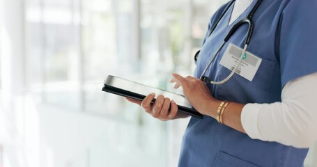 Digital tablet, research and woman doctor analyzing results from a health test in hospital. Technology, touchscreen and female healthcare worker researching medical treatment or medication in clinic.
