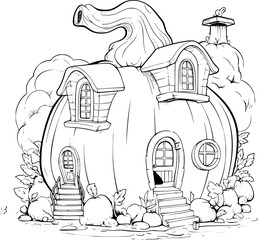 outline illustration of pumpkin house for coloring page