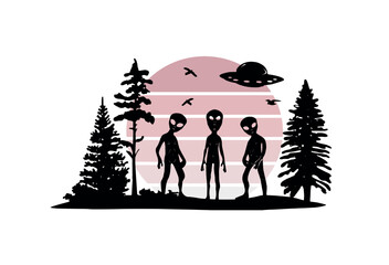 silhouette of ufo and forest vector