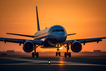 plane at sunset. 