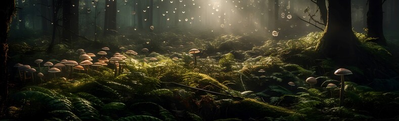 Beautifully lit magical forest filled with ferns, lush greenery, and mushrooms. The photo showcases dense vegetation in its natural beauty. Horizontal photography, panorama. - obrazy, fototapety, plakaty