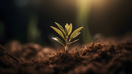 Close-up on a plant's emergence from the soil, touched by sunlight. A glimpse of nature's resilience and beauty. Macro enviroment.