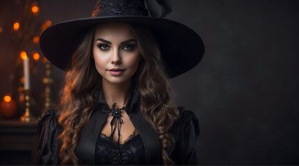 Beautiful young woman in Halloween witch costume and hat