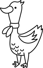 Black and white goose in scarf. Domestic or farm bird vector illustration. Cute character icon or coloring page. French symbol picture.