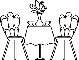 Vector black and white table with chairs, vase with flowers, coffee cups. Cute piece of furniture. French symbol line icon or coloring page. Romantic cafe scene illustration.