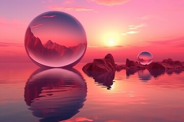 Abstract fantasy seascape with pink sunset sky and round mirrors. Generative AI