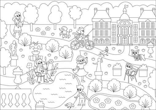Vector black and white Luxembourg garden in Paris landscape line illustration or coloring page with people and animals. French capital city park scene with palace, benches, chairs.