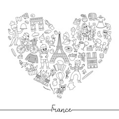 Obraz premium Vector black and white French heart shaped frame with people, animals, Eiffel tower, traditional symbols. Touristic France card template design. Cute line illustration or coloring page.