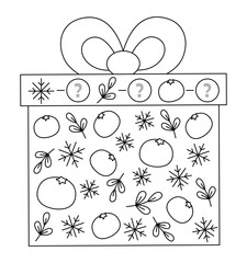 Christmas black and white I spy game for kids shaped as present box. Searching and counting line activity with cute holiday symbols, snowflake. Winter printable worksheet or coloring page.