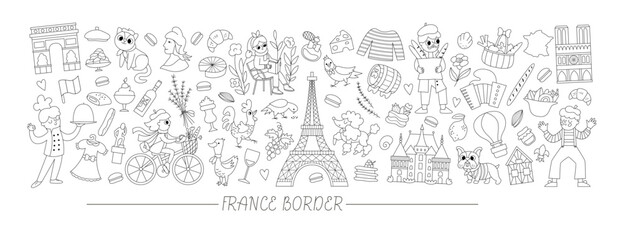 Vector black and white French horizontal frame with people, animals, Eiffel tower, traditional symbols. Touristic France card template design. Cute line illustration or coloring page .