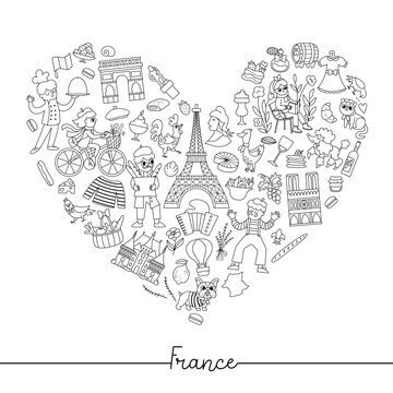 Vector black and white French heart shaped frame with people, animals, Eiffel tower, traditional symbols. Touristic France card template design. Cute line illustration or coloring page.