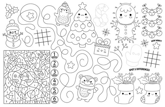 Vector kawaii Christmas placemat for kids. Winter holiday printable activity mat with maze, tic tac toe chart, connect the dots, find difference. Black and white winter play mat or coloring page.