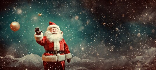 Funny Vintage smiling Santa Claus studio Portrait on a universe  background. horizontal banner wallpaper emery christmas card, copy space for text  - obrazy, fototapety, plakaty