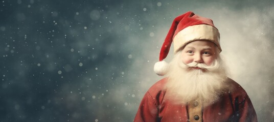 Funny Vintage smiling Santa Claus holding gifts studio Portrait on a snowy background. horizontal banner wallpaper emery christmas card, copy space for text  - obrazy, fototapety, plakaty