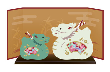 辰の親子の置物と屏風のイラスト素材　十二支　辰年　龍　年賀状