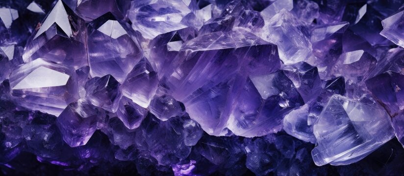 Macro mineral of Crystal Stone background texture comprised of rough amethyst quartz crystals in a purple hue