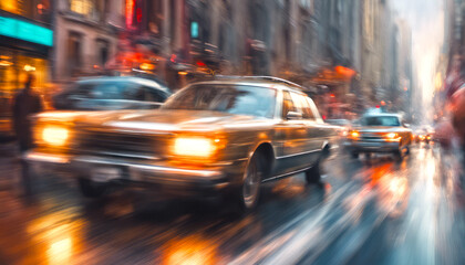 Painting has a sense of motion and energy, with the car appearing to be moving quickly through the rain in New York, Manhattan.