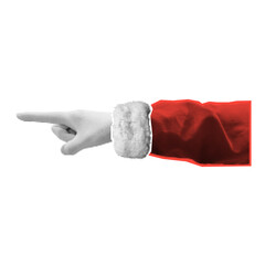 Halftone Santa Claus shows Index finger. Santa Claus hand stretched out in point out gesture with halftone effect. Christmas or New Year template with isolated hand for holiday decoration.