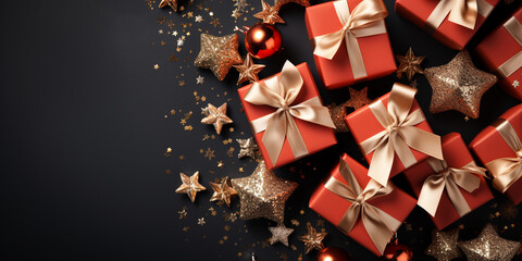 gold gift box and stars christmass banner - Powered by Adobe