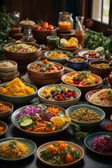 set of various plates of food on background, top view