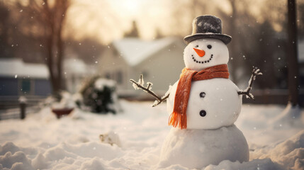 Happy snowman in the backyard