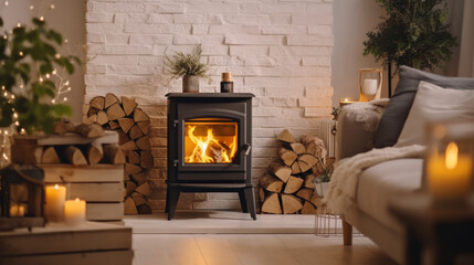 A cozy living room with a fireplace and a stack of firewood next to it - obrazy, fototapety, plakaty