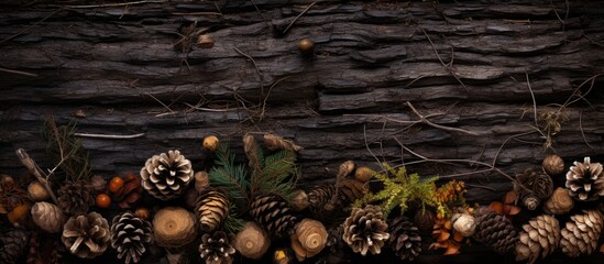 The border of the forest floor consists of weathered pine cones